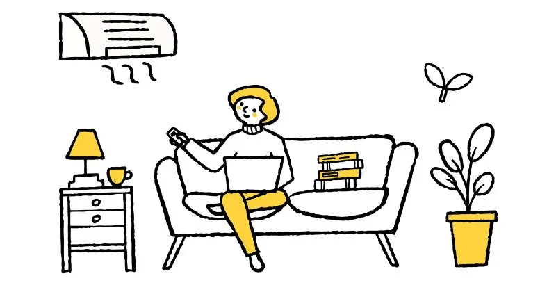 部屋でパソコンを膝の上にのせて温度調節をしている女性のイラスト