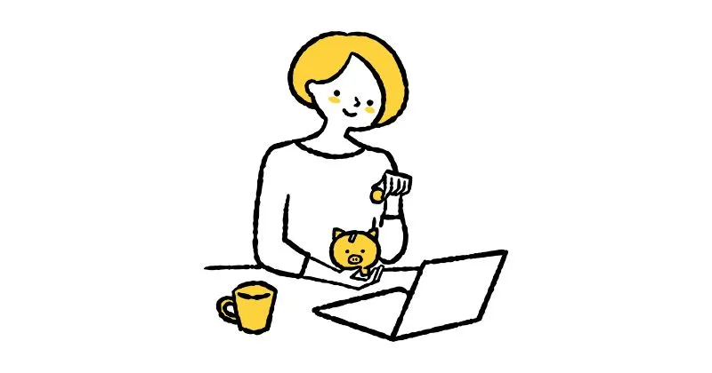 女性がテーブルにパソコンを置いて貯金箱にお金を入れているイラスト｜在宅副業イメージ