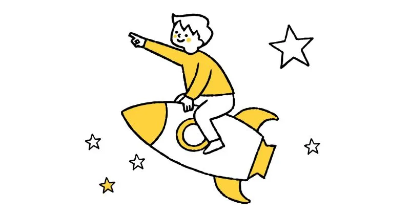 男の子がロケットに乗っているイラスト